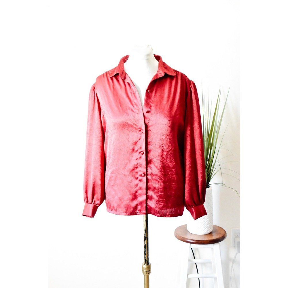 Koret Button Front Blouse Women 16 Red Vintage 80s Satin Puff Shoulder
